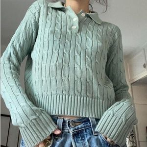 Brandy Melville Green Cable Knit Collared Sweater Top